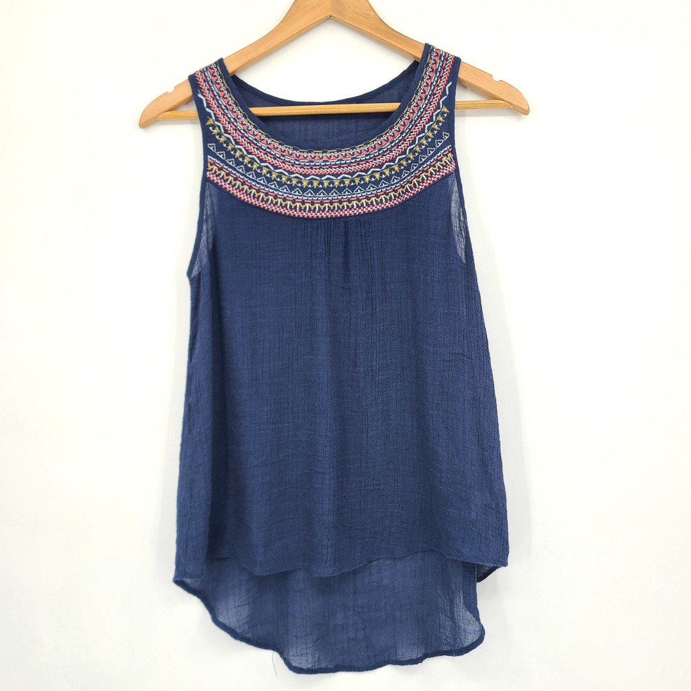 THML Blue Embroidered High Low Gauze Tank Top Boho Chic Festival Coastal Size M